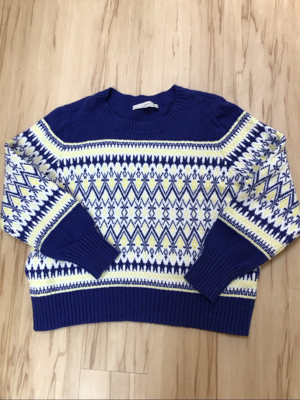 Loft Blue Yellow Nordic Crewneck Geometric Chevron Fair Isle Sweater XL